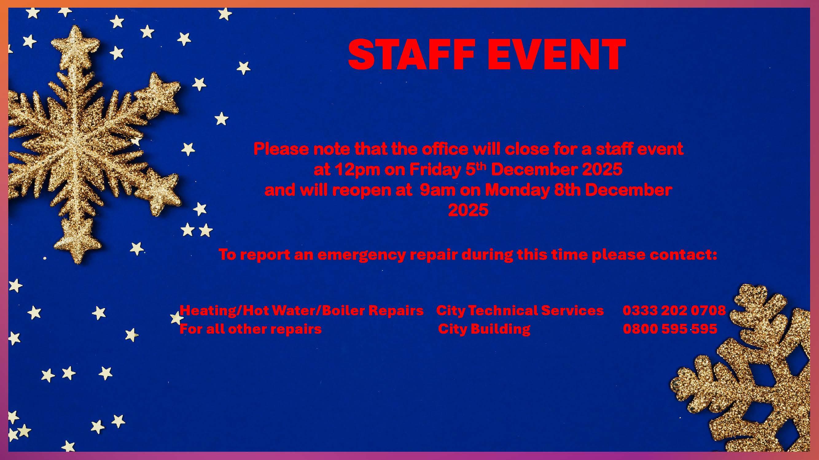 Office closed 5th dec pm